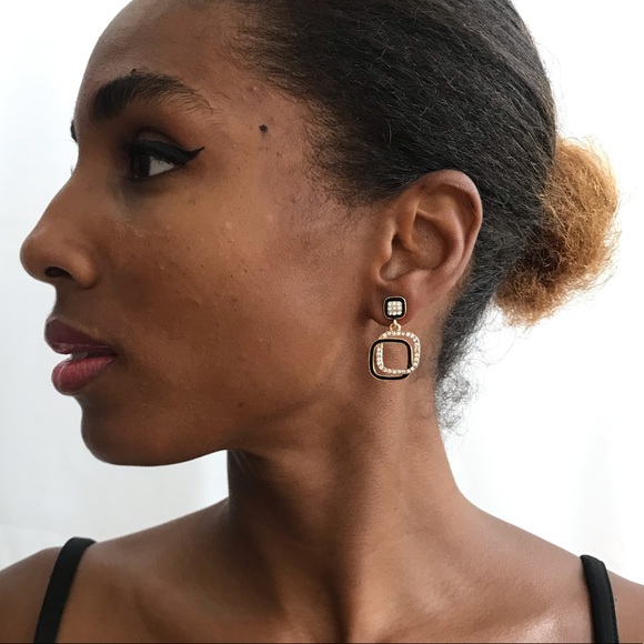 Gold-Tone Black Enamel Glass Stone Drop Earrings - Picture 8 of 13